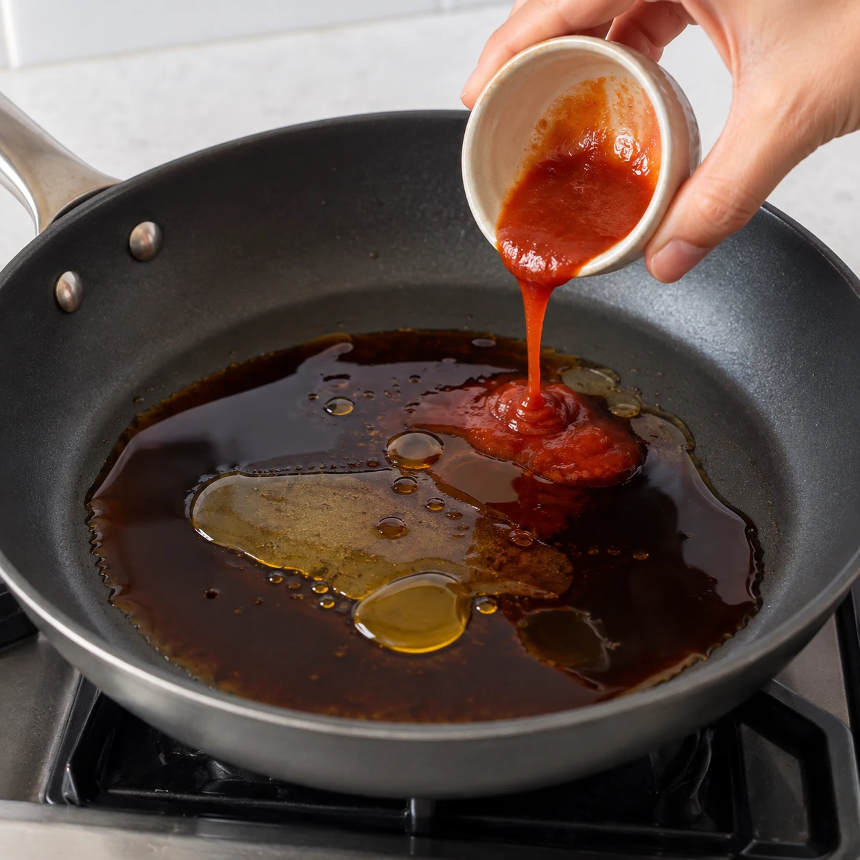 Une seule photographie carrée montrant : réunir la sauce de cuisson. Les quatre ingrédients de la sauce sont dans la poêle, sans garniture. Seulement les ingrédients de cette étape, aucun ingrédient futur.