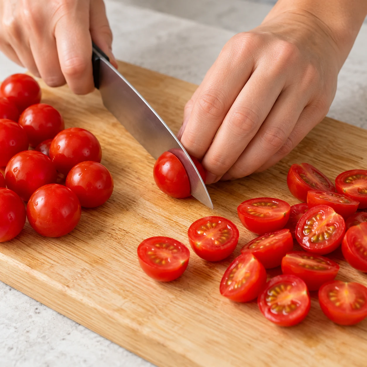 Coupez les 140 g de tomates cerises en deux sur une planche stable. Montrer uniquement la phase décrite et la variante végane aux pois chiches.