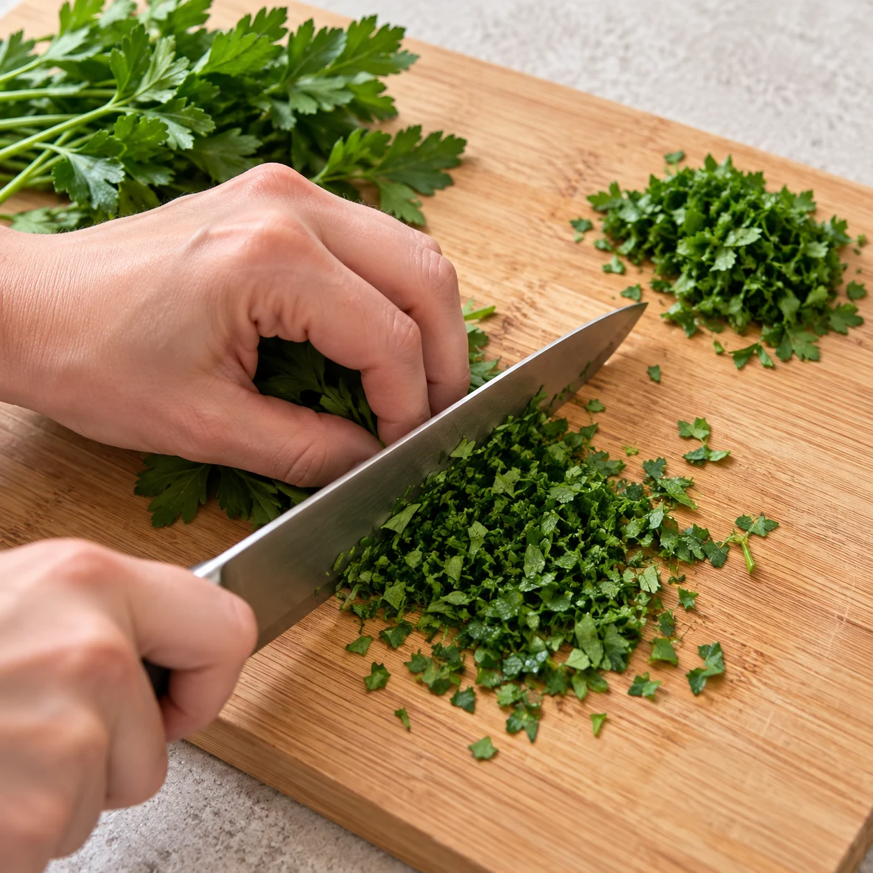 Hachage de persil plat frais sur une planche avec les doigts repliés.