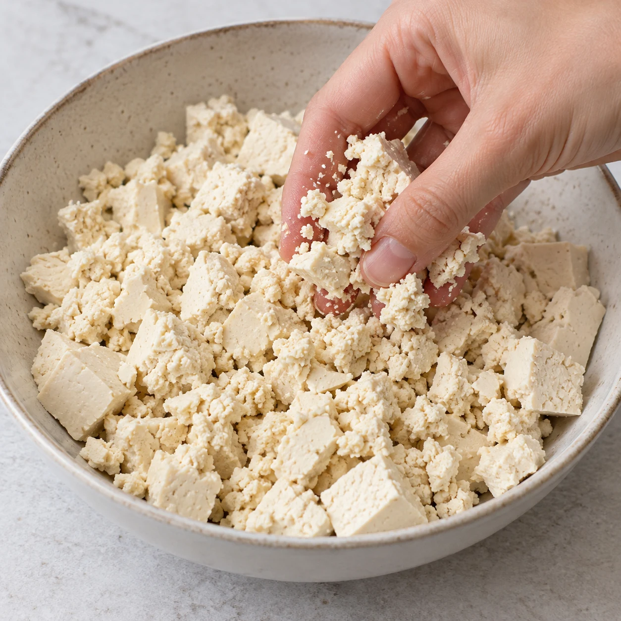 Émiette les 400 g de tofu réservés à cette préparation avec les doigts propres, en petits morceaux irréguliers. Une seule phase, sans texte ni personne identifiable. Pour la variante, montrer du tofu émietté et jamais des granulés secs, du doubanjiang ou des baies de Sichuan.