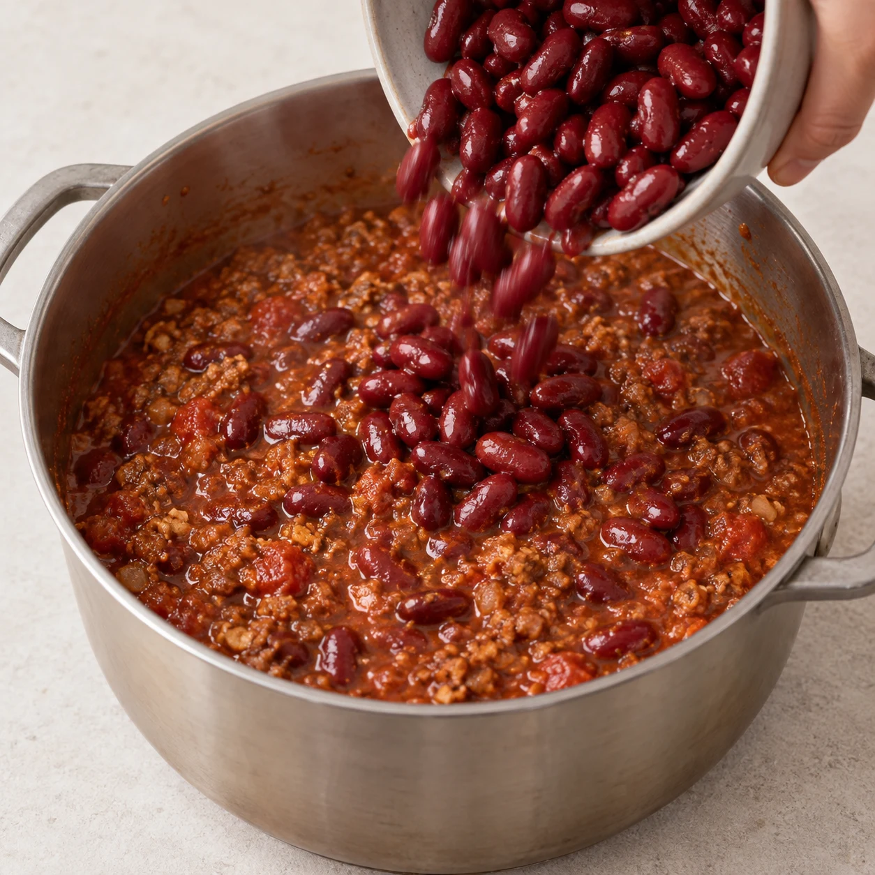 Haricots rouges cuits versés depuis un bol dans la sauce tomate et le haché.
