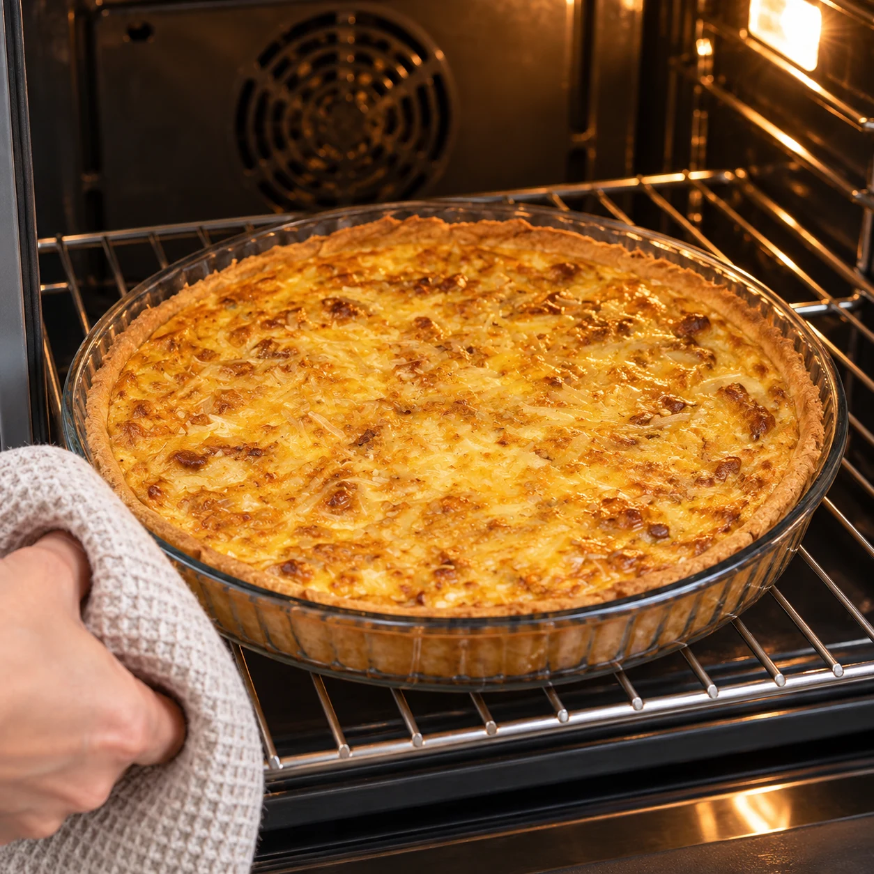 Une seule scène montrant cuire la quiche, uniquement les ingrédients de cette phase. La quiche est bien dorée et le centre juste pris.
