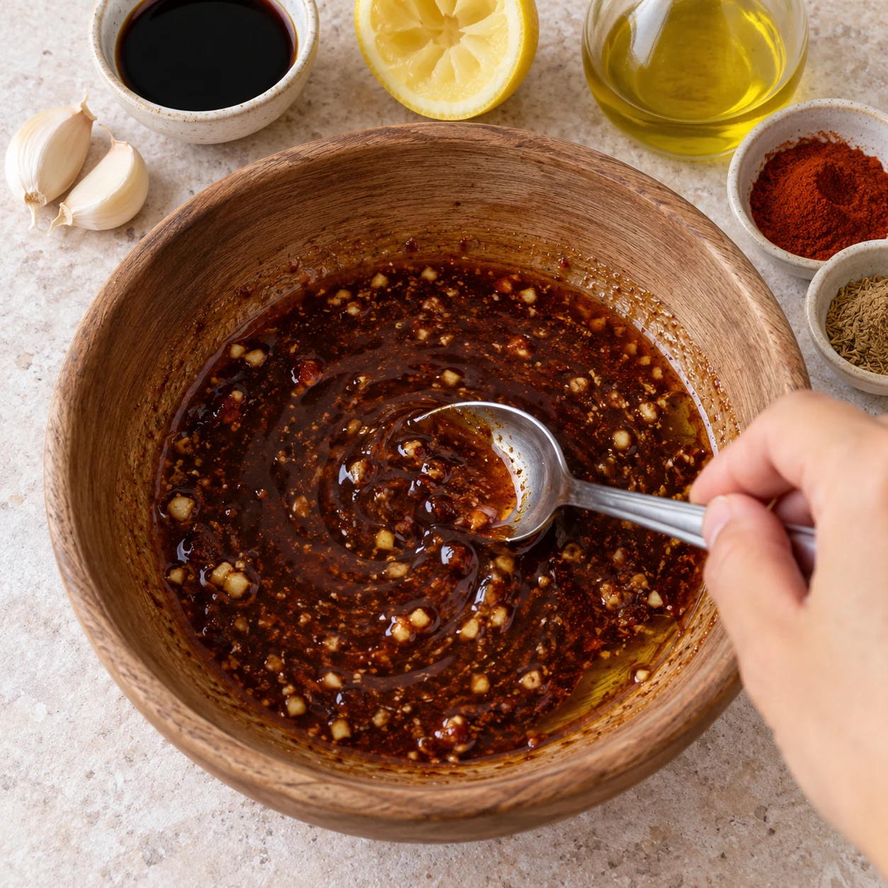 Mélanger la marinade : La marinade sombre contient l’ail et les épices répartis dans le liquide.
