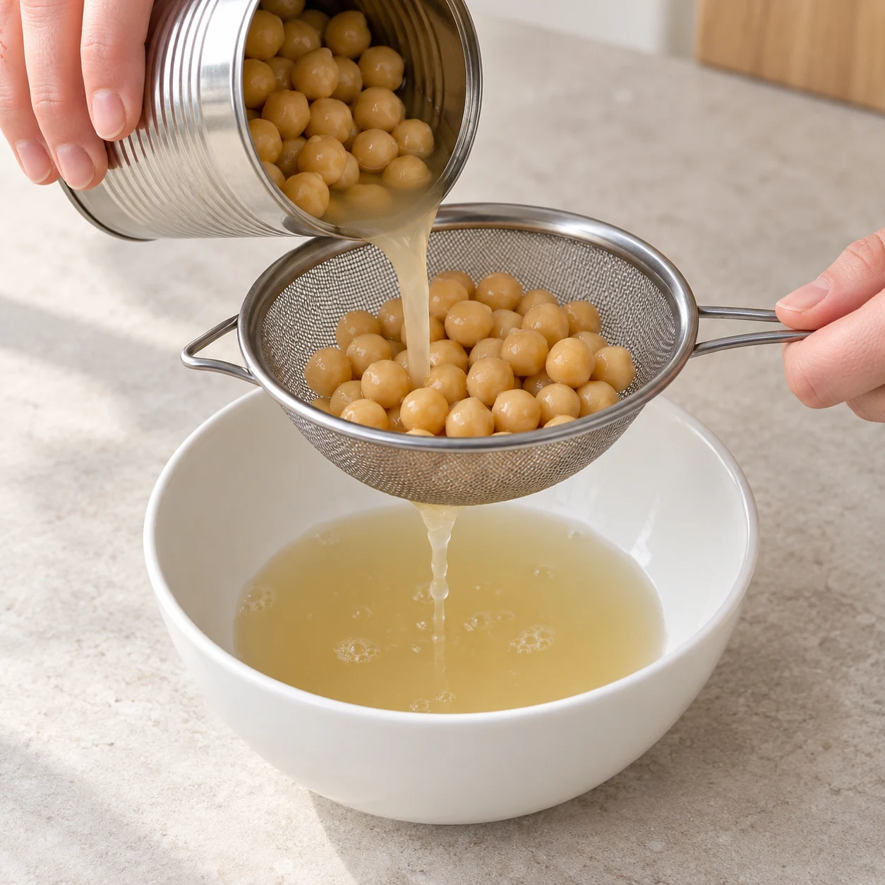 Égoutte une conserve de pois chiches nature au-dessus d’un bol. Pèse 30 g du liquide recueilli et réserve les pois chiches pour un autre plat. Une seule photographie carrée, une seule phase.