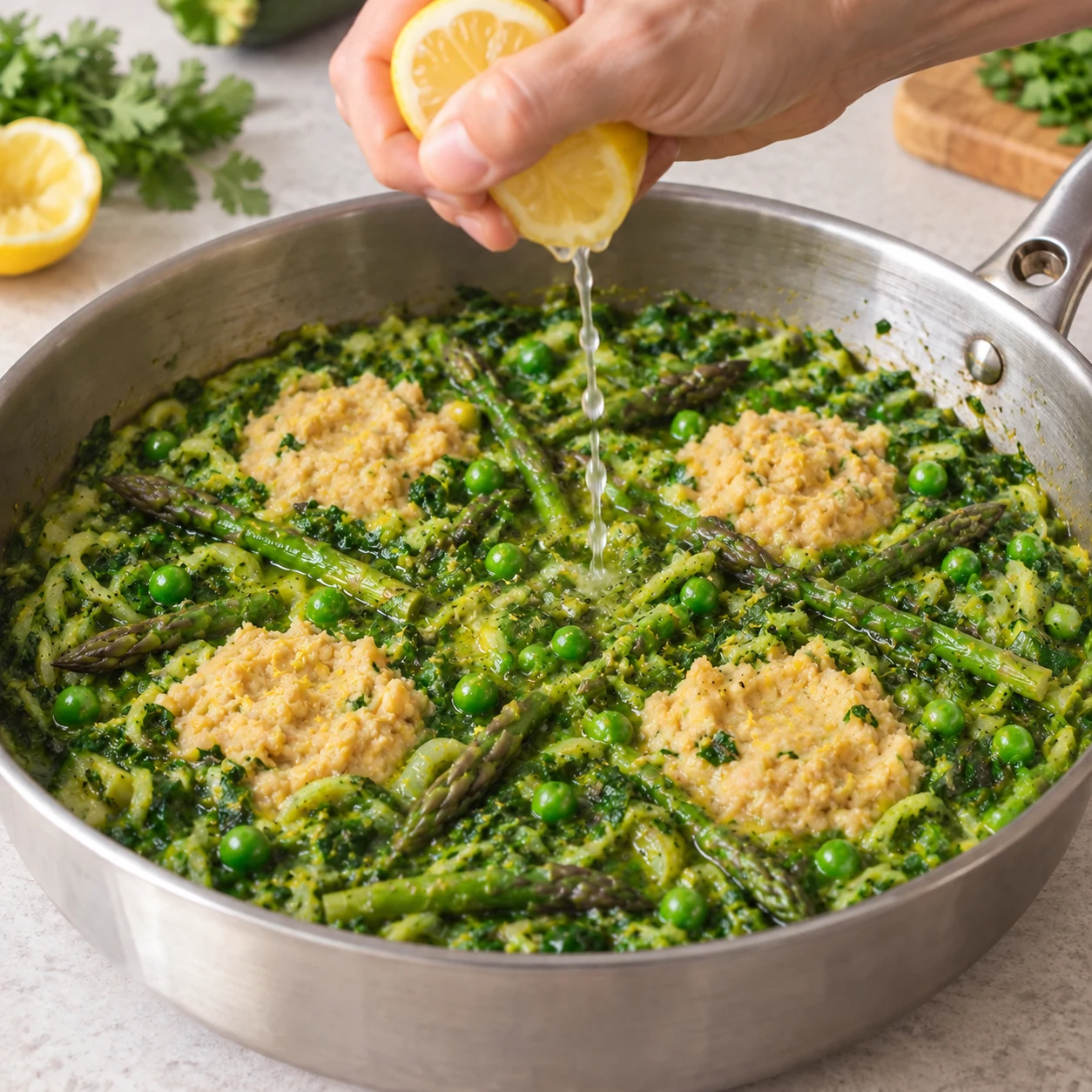 Ajouter le jus de citron. Le jus est réparti sur la surface sans pépins. Une seule action, cadrage carré, aucun texte ni personne identifiable. Adaptation végane : quatre portions de pois chiches écrasés beige, crémeuses et légèrement granuleuses, jamais des œufs ni des jaunes coulants.