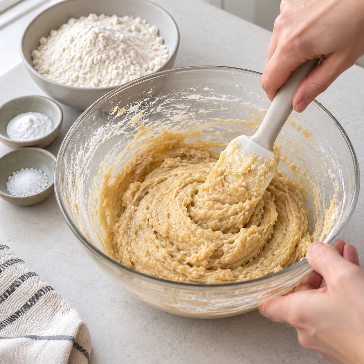 Spatule mélangeant la farine à la base caramel ; pâte jaune beige humide, sans chocolat.
