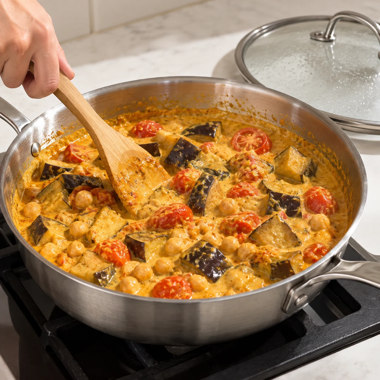 Poêle de curry jaune orangé, aubergines tendres et tomates dans une sauce épaisse, couvercle posé à côté.