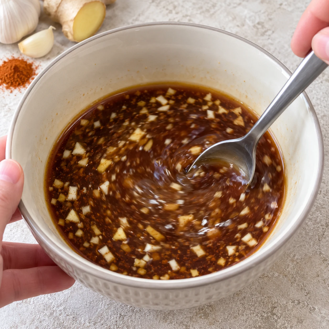 Remuez la sauce pour remettre en suspension la fécule déposée au fond du bol.