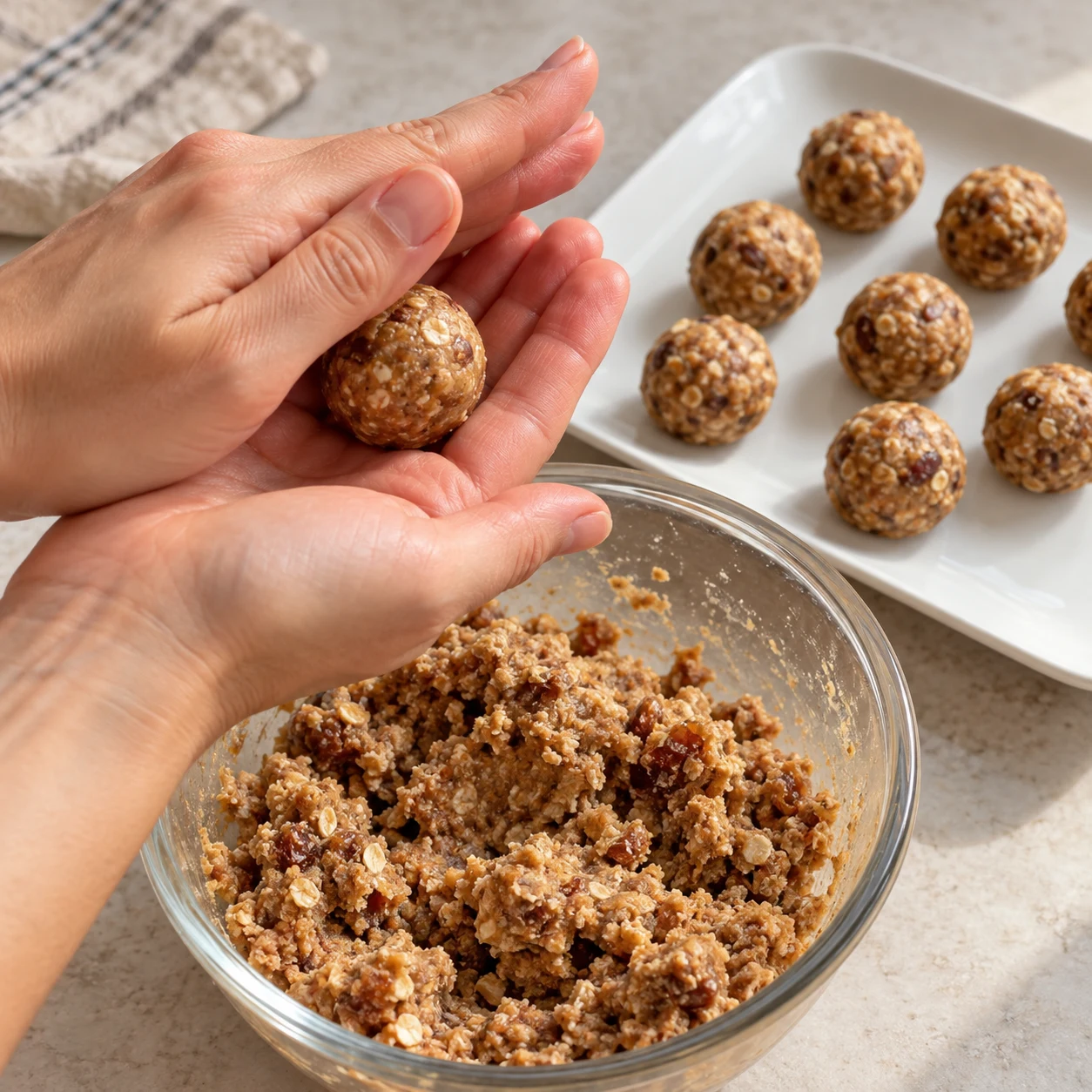 Deux mains adultes anonymes roulant une boulette beige brun au-dessus d’un bol de pâte, avec quelques boulettes non enrobées sur une assiette blanche.