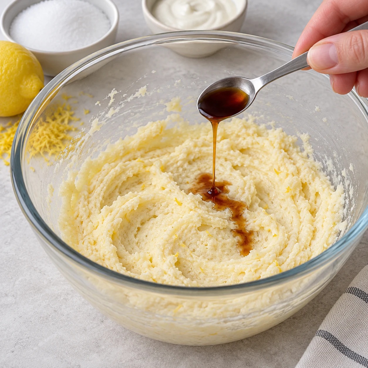 Petite cuillère dosée de vanille liquide au-dessus de la crème citronnée.