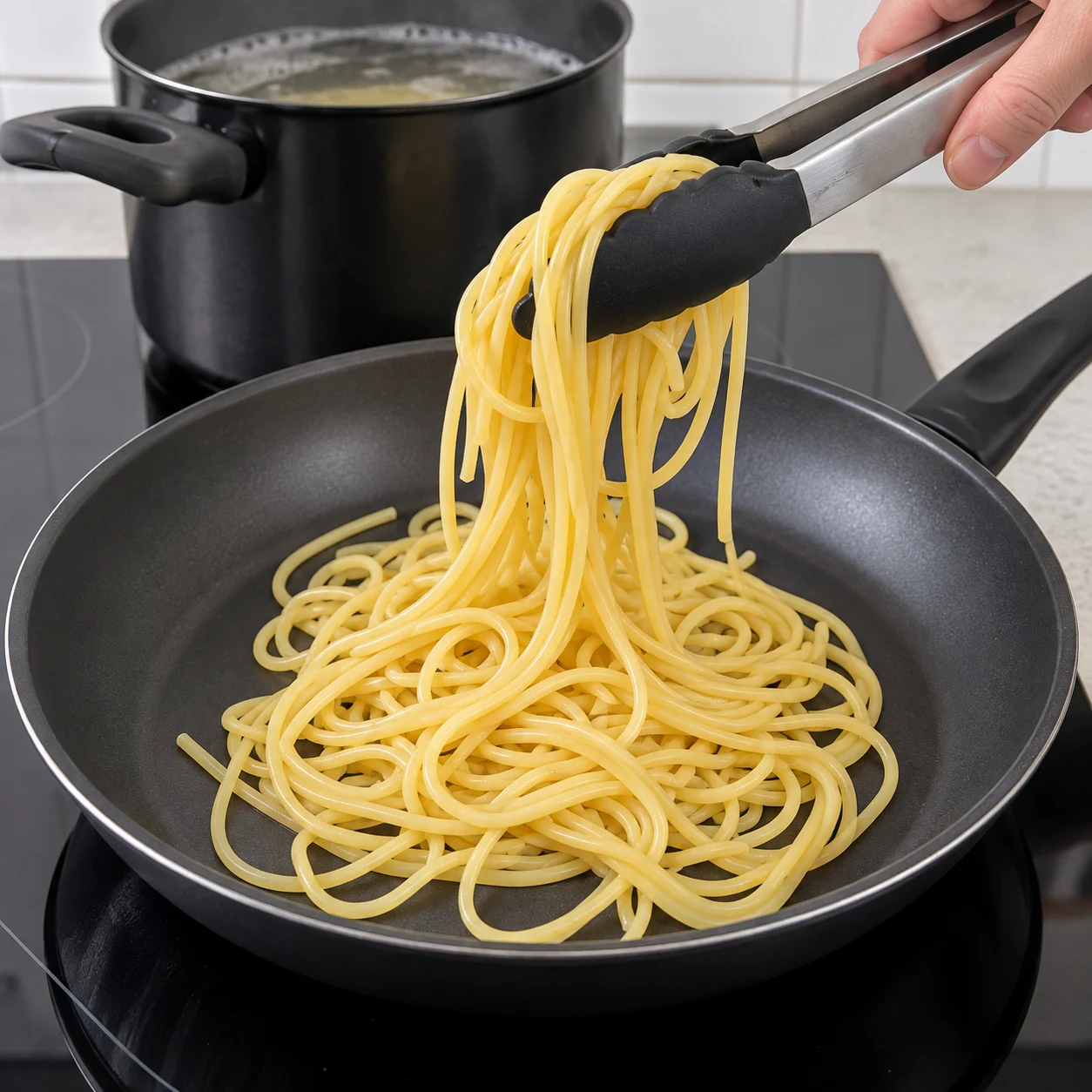 Pince déposant les spaghetti jaunes cuits dans une poêle ; aucun pesto encore.