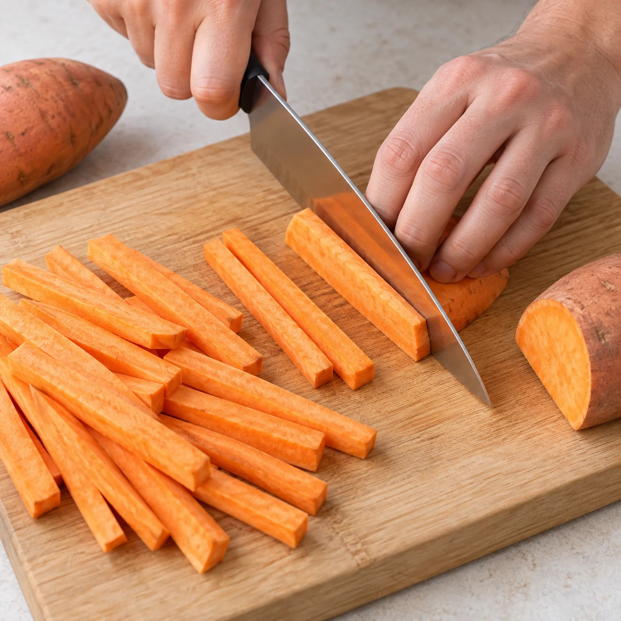 Couper les frites : Les bâtonnets de patate douce ont la même épaisseur.
