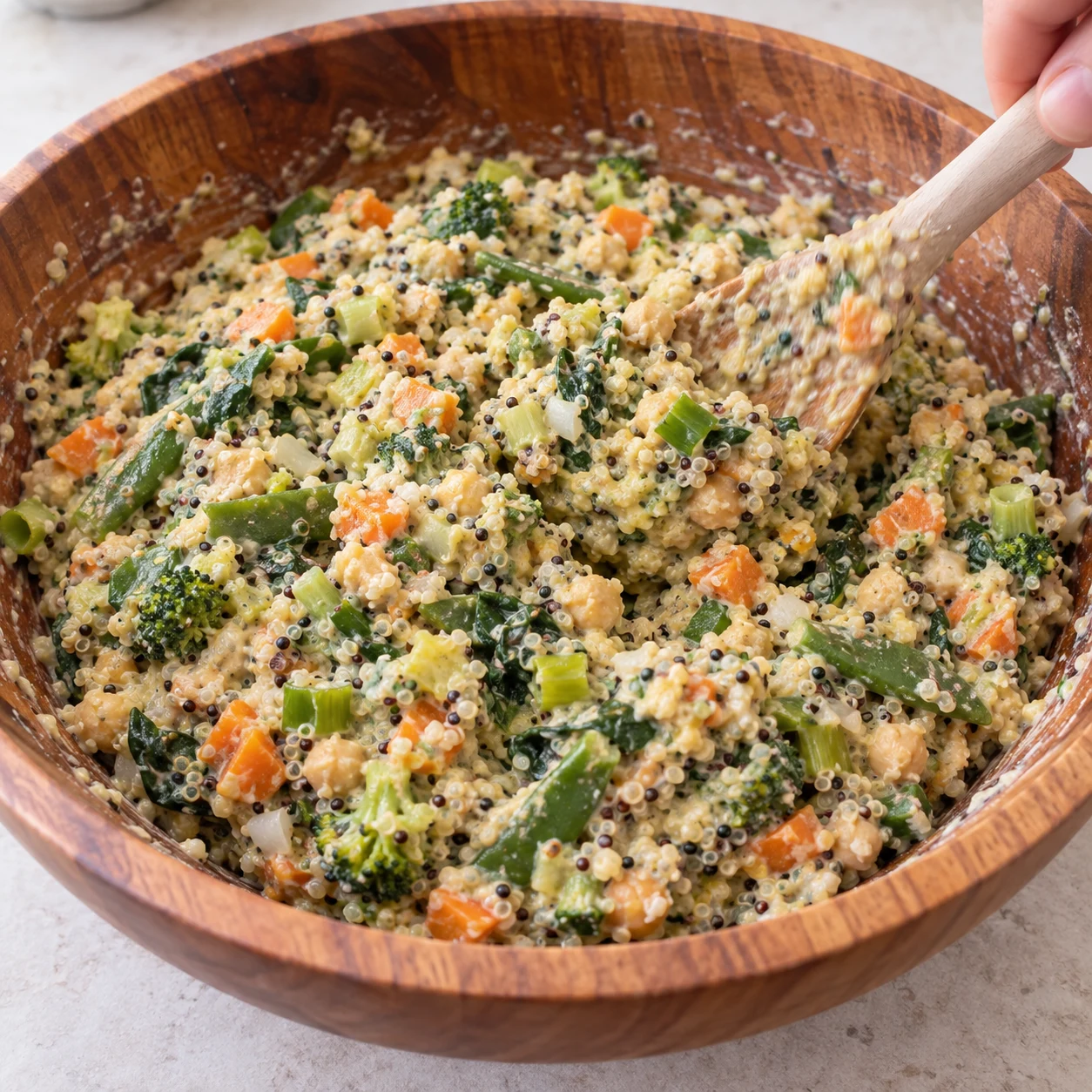 Cuillère mélangeant une préparation humide quinoa légumes liée au yaourt soja et fécule, sans œuf.