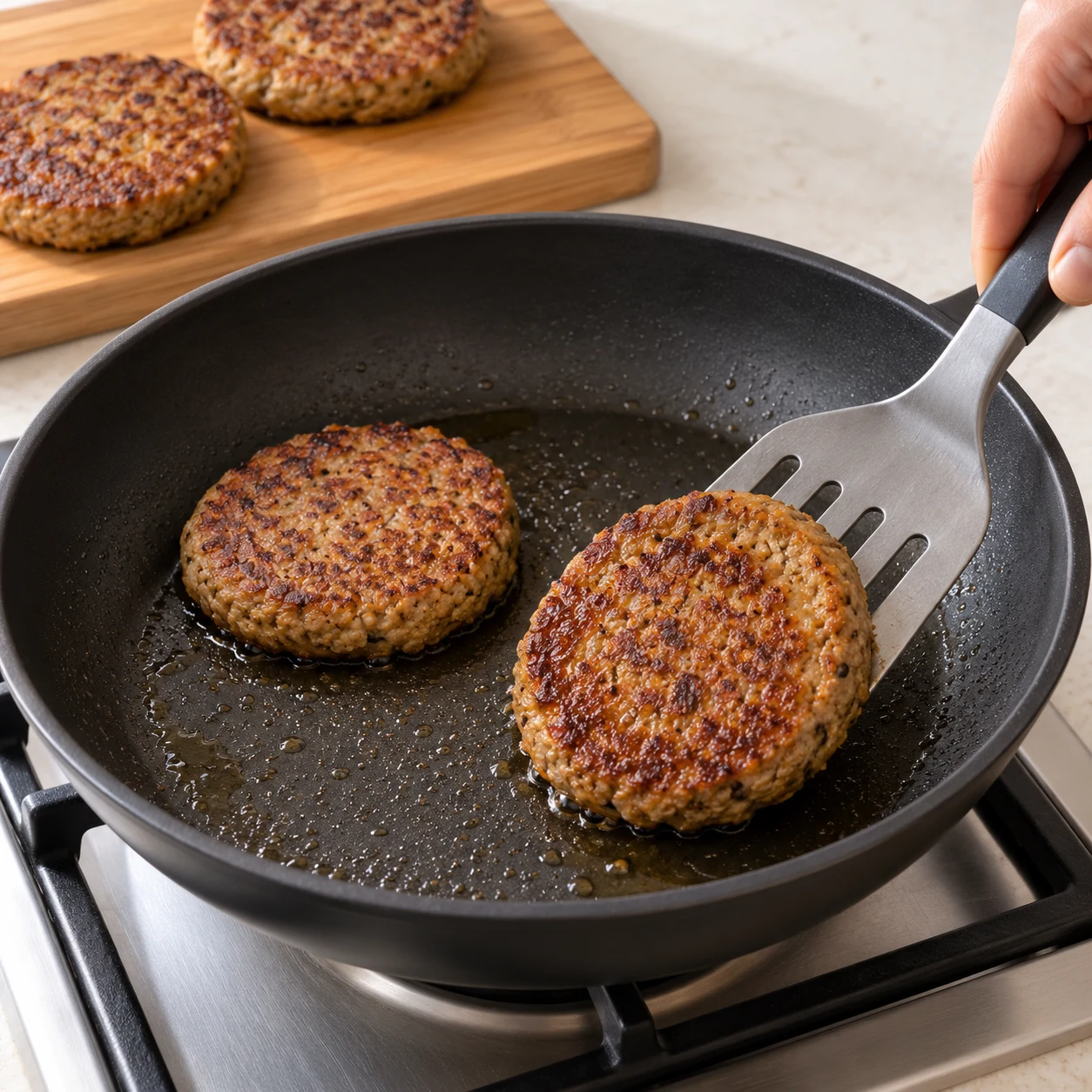 Retourne chaque steak avec une spatule large et cuis la seconde face 3 minutes à feu moyen. Dépose les steaks cuits sur la planche ; conserve la sauteuse et son huile pour les aromates.