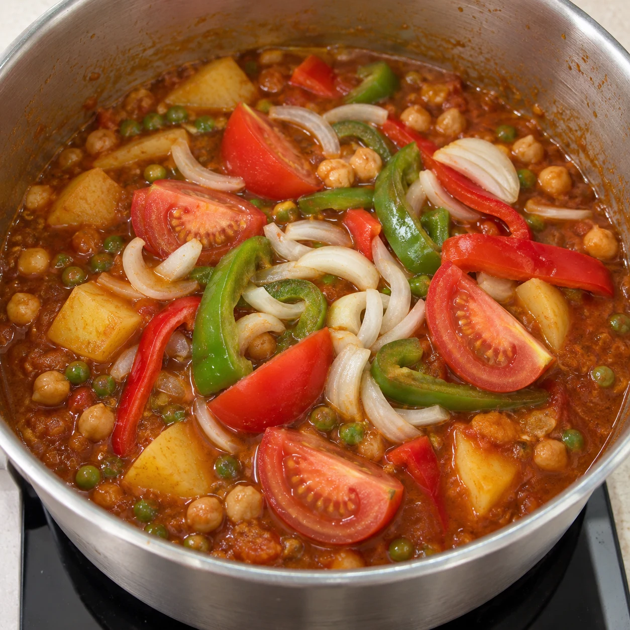 Une seule action : Ajouter les légumes de finition. Les légumes de finition sont dans la sauce. Version végétale aux pois chiches, aucune viande, aucun seitan, aucun tofu.