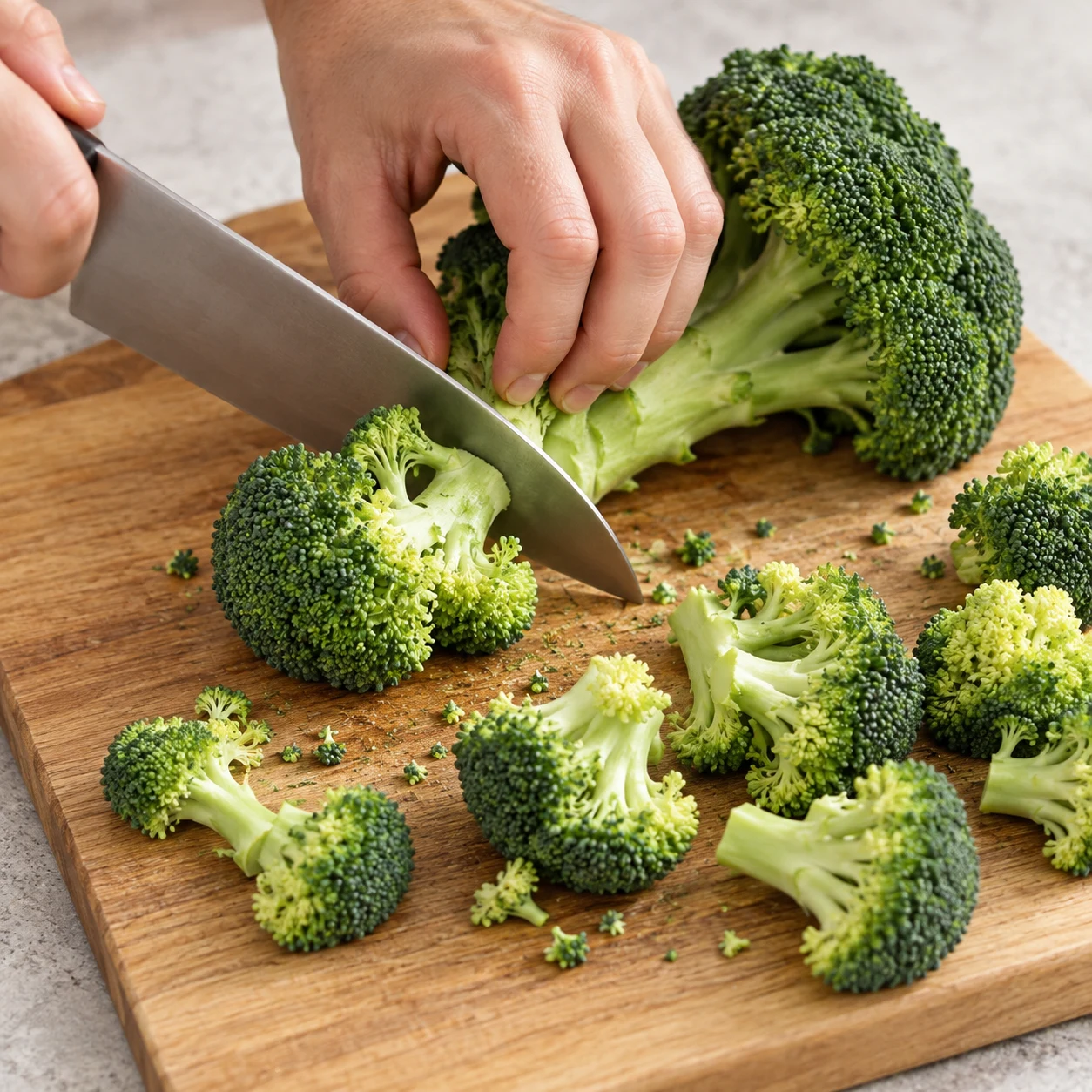 Séparation du brocoli en petites fleurettes sur une planche, couteau et prise en griffe sûre.