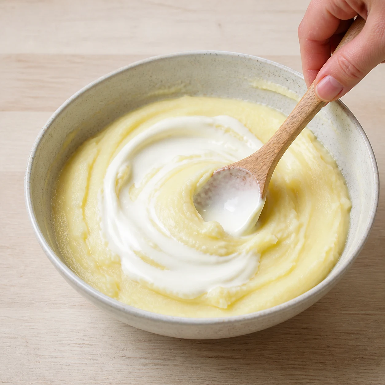 Purée de pommes de terre souple mélangée à la crème de soja dans un saladier avec cuillère en bois.