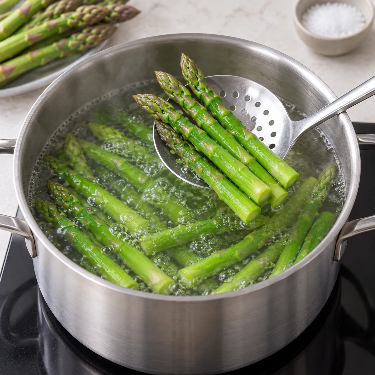 Blanchir les légumes. Les légumes sont vert vif et tendres tout en gardant leur tenue. Une seule action, cadrage carré, aucun texte ni personne identifiable.