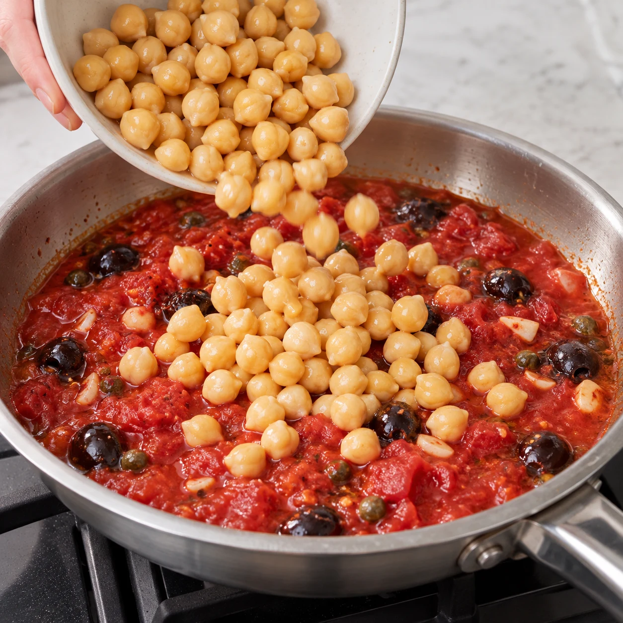 Verse les 250 g de pois chiches cuits dans les tomates.