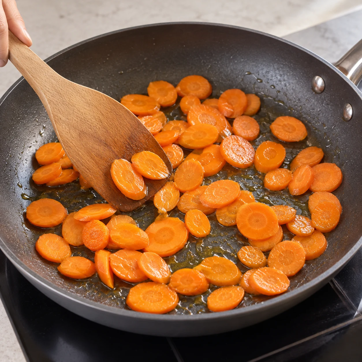 Carottes en rondelles dans une grande poêle, fine pellicule d’huile.