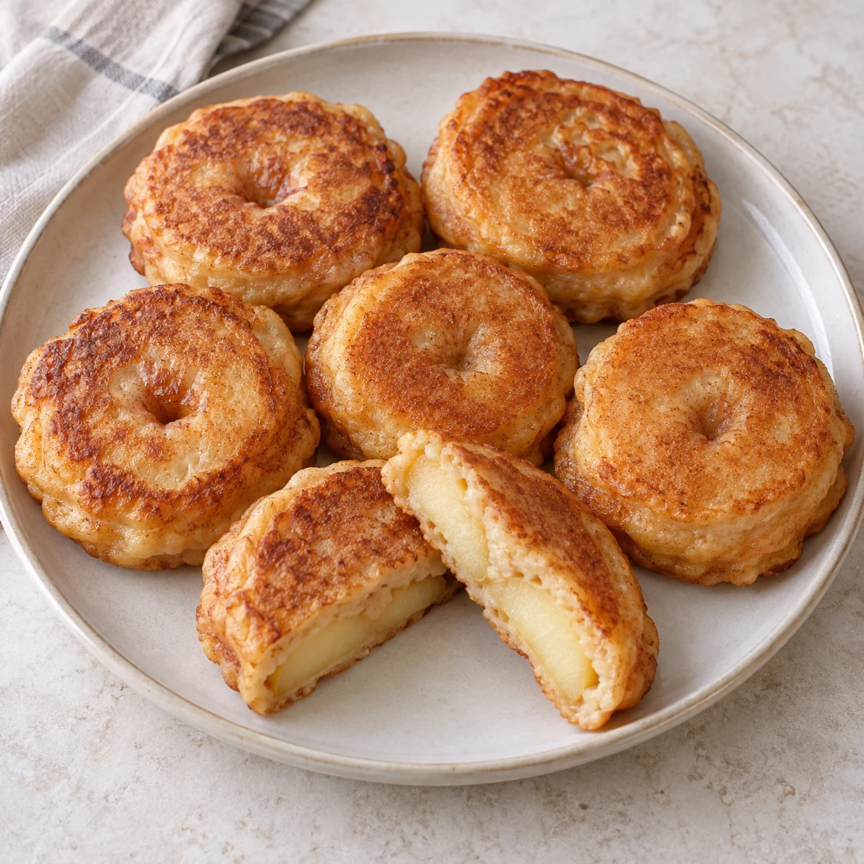 Six beignets de pomme épais et dorés dans un plat clair, une pièce coupée montre le cœur de pomme, sans mains.