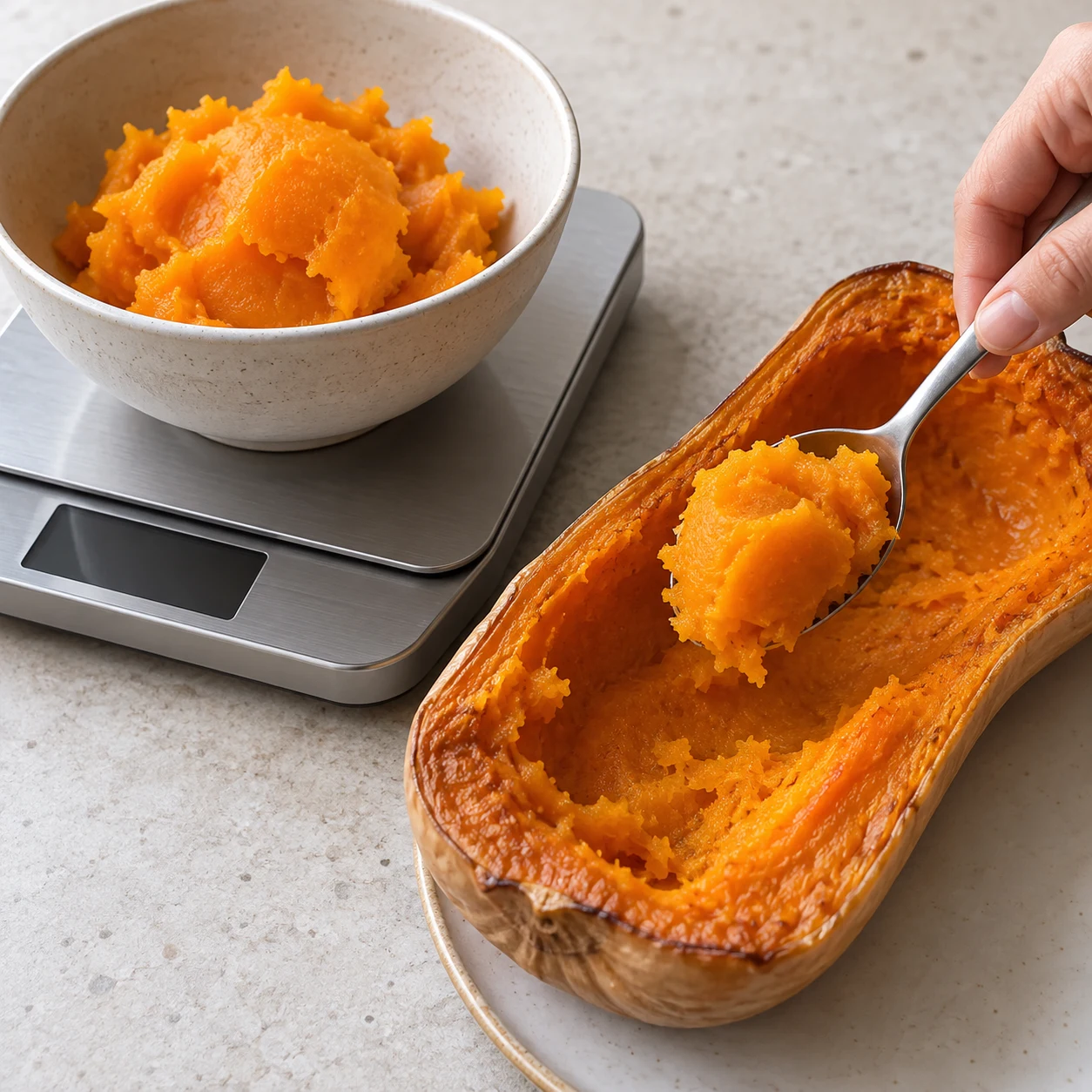Cuillère prélevant de la chair orange tendre dans une moitié de butternut rôtie, bol sur balance sans texte.