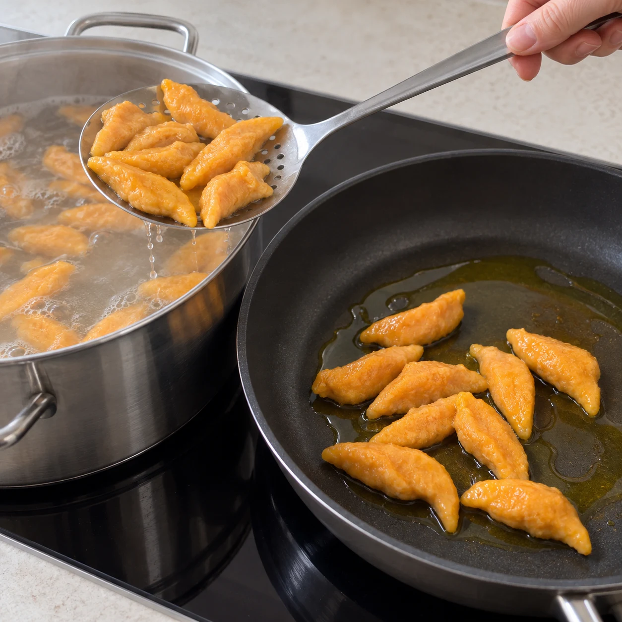 Écumoire soulevant les gnocchis orange au-dessus de la casserole ; poêle chaude huilée à côté.
