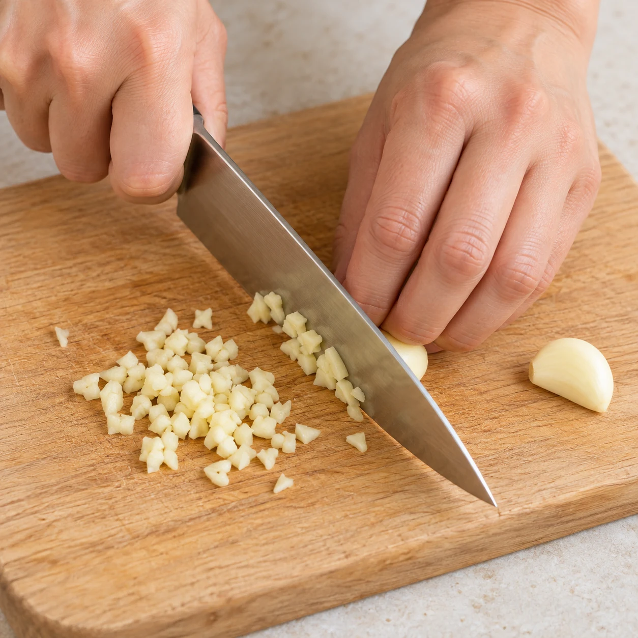 Hacher l’ail : L’ail est découpé en petits morceaux réguliers. Une seule phase culinaire, plan de travail pierre pâle, lumière naturelle, aucun texte.