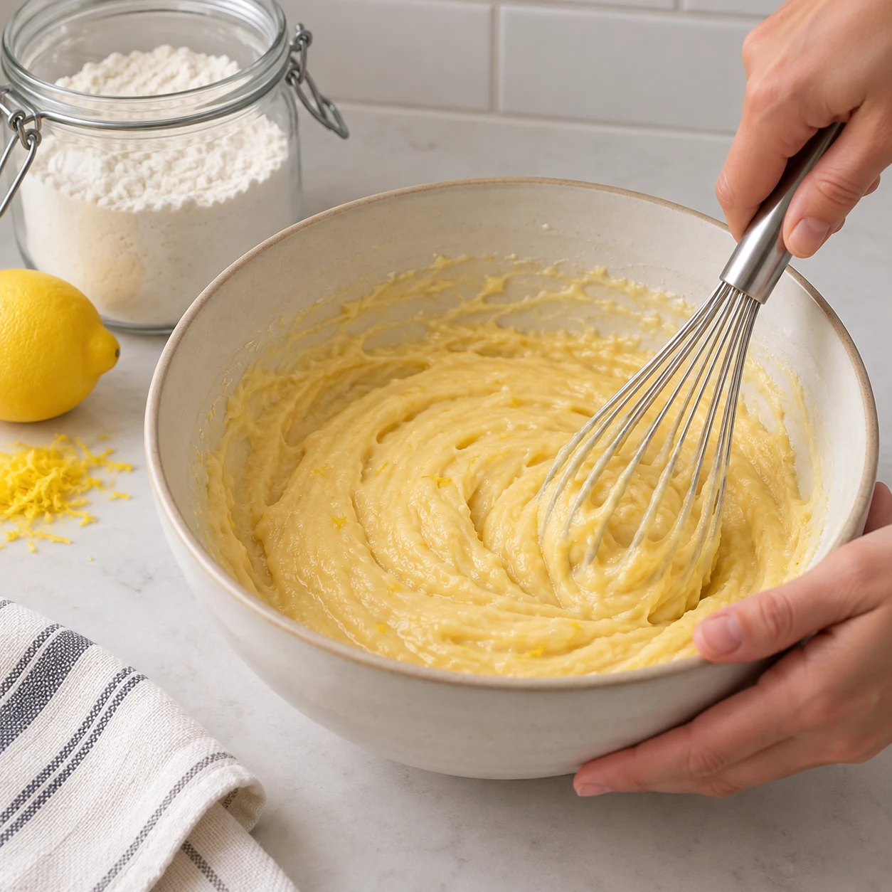 Une main anonyme incorpore de la farine à une pâte citronnée dans un saladier.
