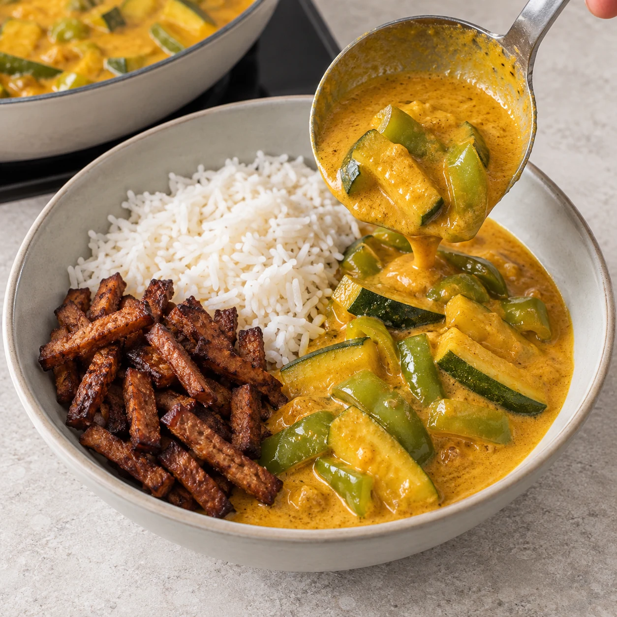 Bol de curry courgette-poivron et riz blanc, avec lardons végétaux fumés en petites allumettes poêlées. Aucun cube de tofu ni autre garniture.