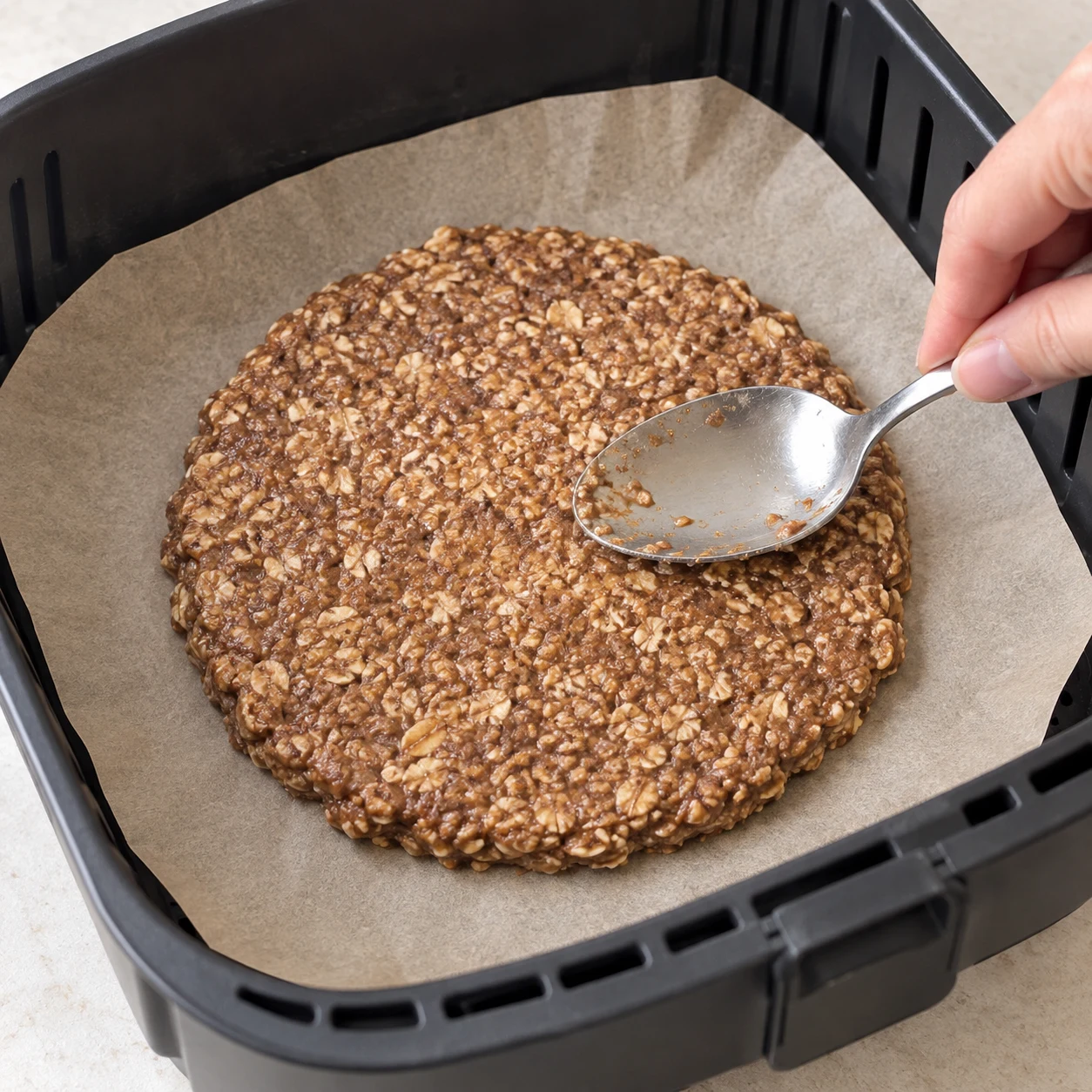 Une main anonyme étale à la cuillère la pâte aux flocons en un grand disque sur papier cuisson.