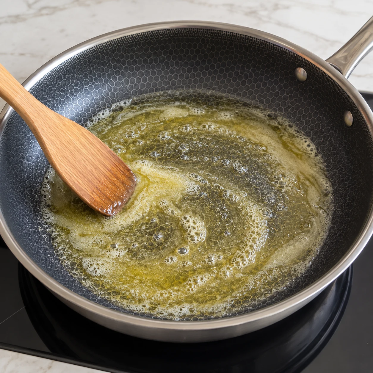 Une image carrée de l’action « Faire fondre la margarine », avec seulement les ingrédients autorisés à cette étape, dans leur état réel. La matière grasse est fondue et répartie au fond de la poêle. Mains anonymes si le geste le nécessite, aucun visage ni texte.