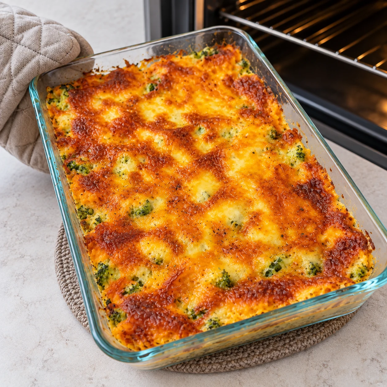 Gratin juste cuit, couverture végétale fondue et légèrement colorée, dans le plat rectangulaire en verre ; aucun ingrédient ajouté.