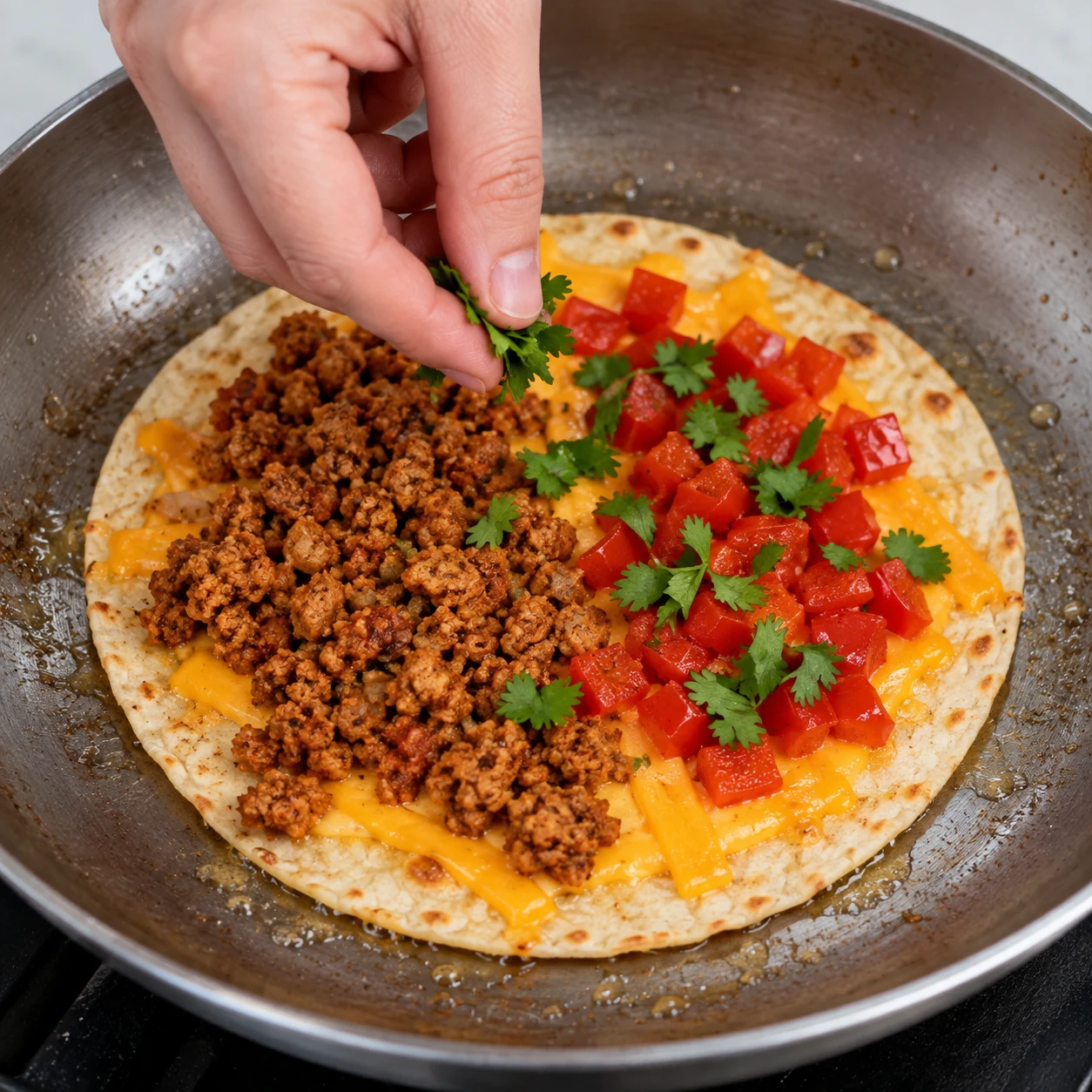 Une seule photographie montrant l’action « Ajouter le poivron et la coriandre » : La garniture tient sur la tortilla, avec une moitié au haché et une moitié au poivron. Les morceaux de soja de la source sont remplacés par un haché brun orangé fin, les filaments blancs de fromage par des lanières végétales cheddar orangées. Respecter l’étape, sans ingrédient futur.