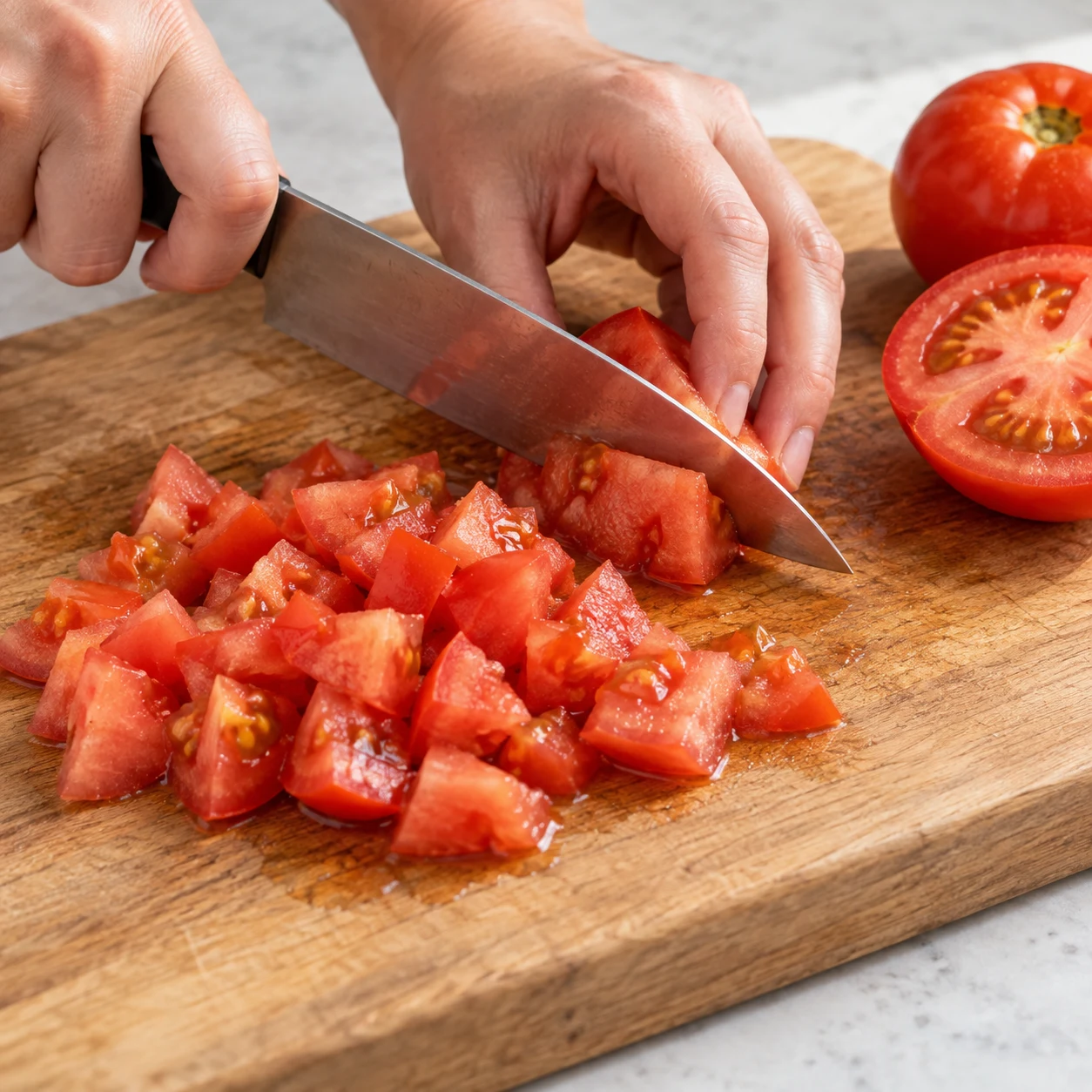 Concasser la tomate du confit : La tomate est coupée en morceaux grossiers.