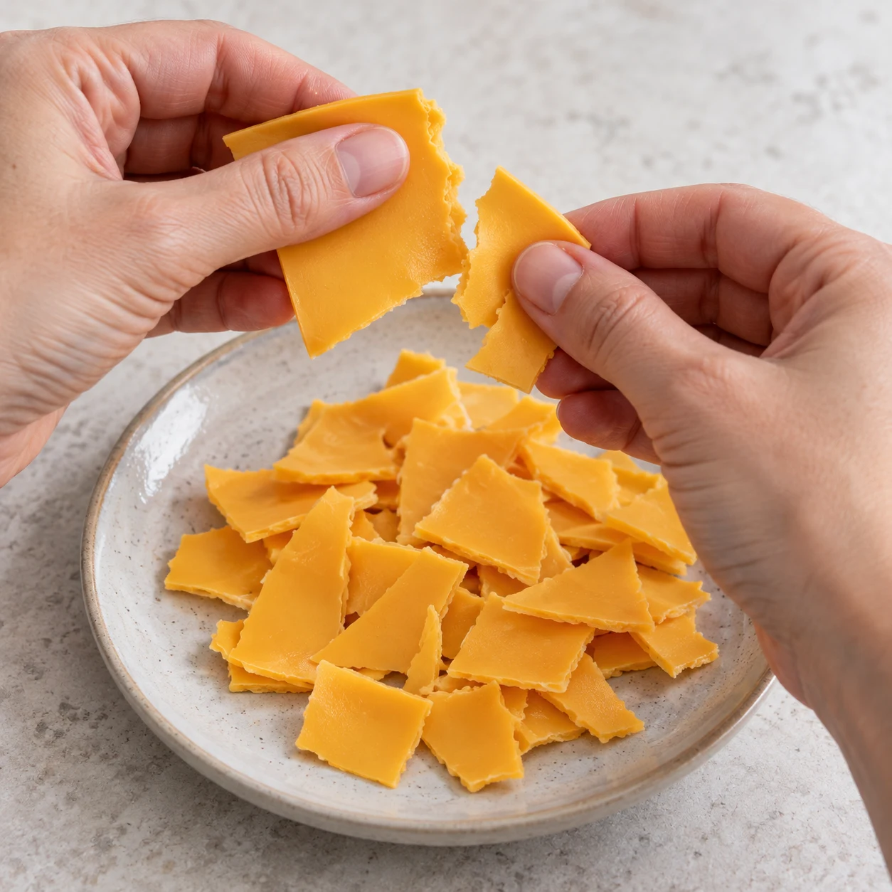 Des mains adultes anonymes déchirent des tranchettes végétales orange en morceaux au-dessus d’une assiette neutre ; aucun autre ingrédient.