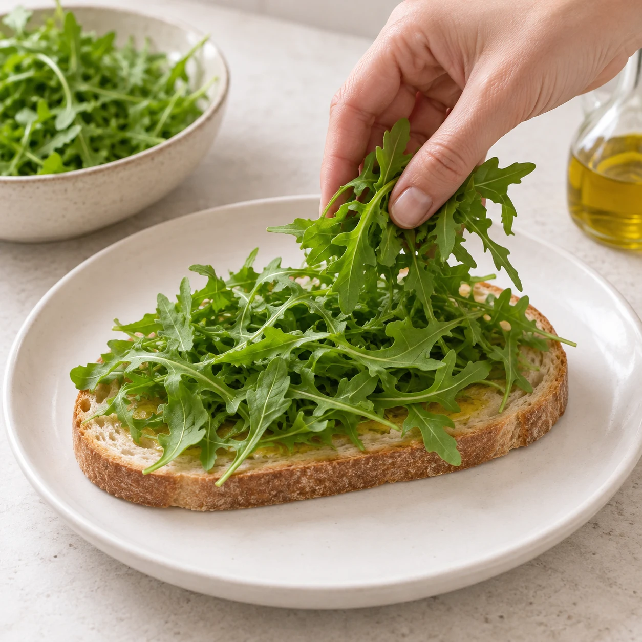 Répartis les deux poignées de roquette sur le pain doré posé dans une assiette. Photographie carrée de cuisine, ingrédients végétaux finaux seulement, mains adultes anonymes si nécessaires, aucun texte ni visage.