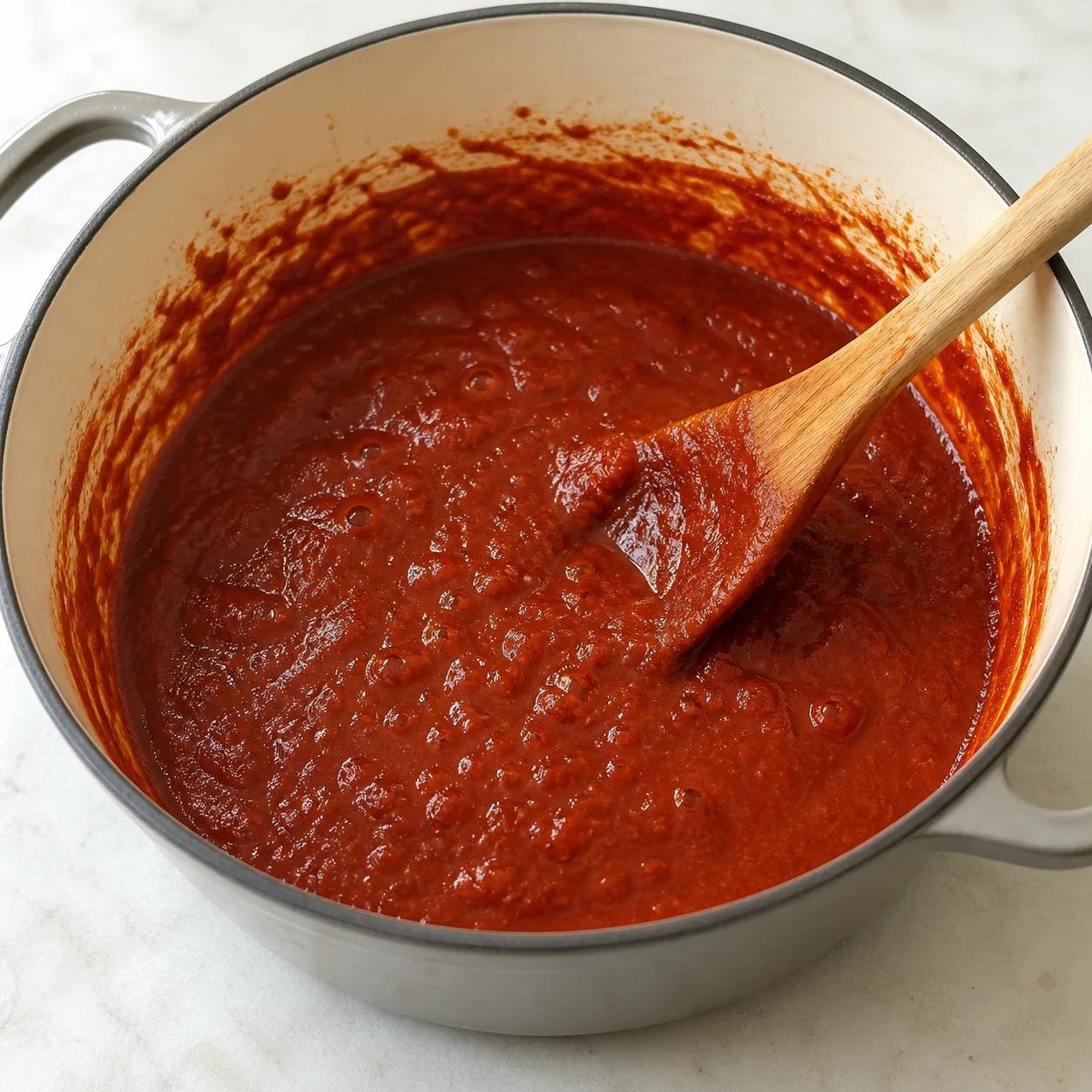 Cassoulet en cours de mijotage, sauce tomate rouge-brun épaisse autour des haricots blancs.