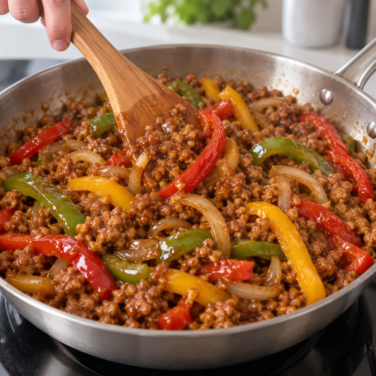 Remélange et laisse épaissir 1 minute comme dans la source. Résultat : La sauce nappe le haché et les poivrons au lieu de rester liquide au fond de la poêle.