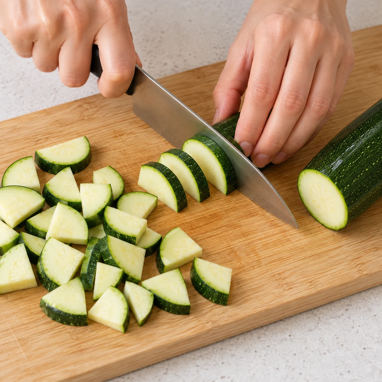 Coupe la courgette en demi-rondelles, puis recoupe les grandes en quarts comme dans la recette d’origine.