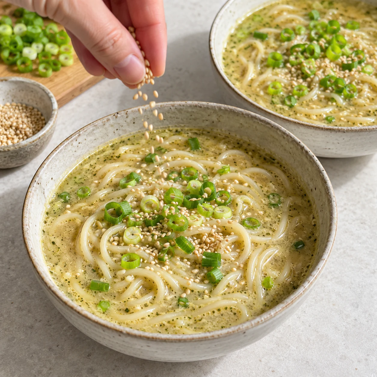 Bol fini de soupe beige aux nouilles de blé, petites rondelles de cébette et quelques graines de sésame, aucun œuf.