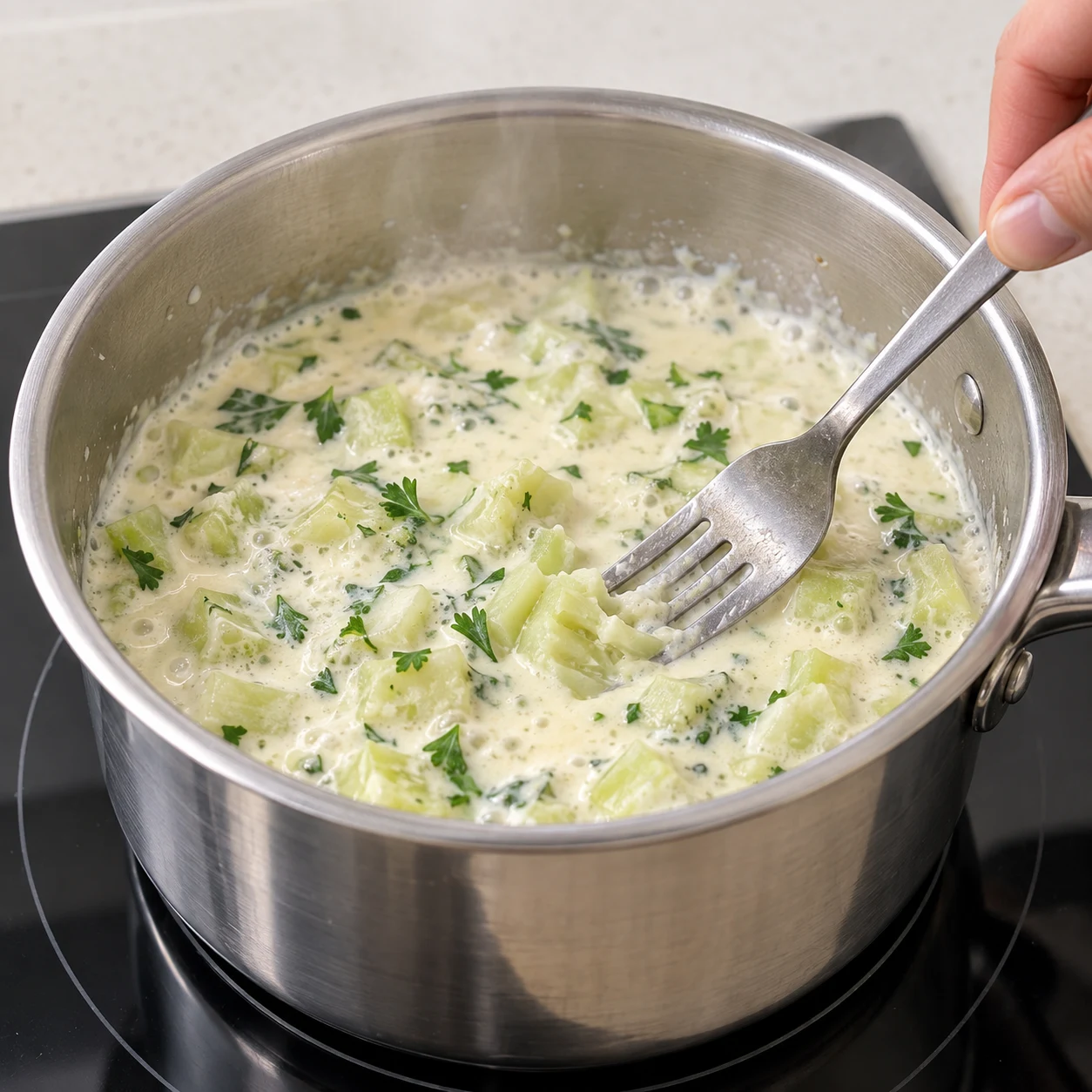 Petite casserole inox contenant des morceaux de pied de brocoli, persil frais et crème de soja à légère ébullition.