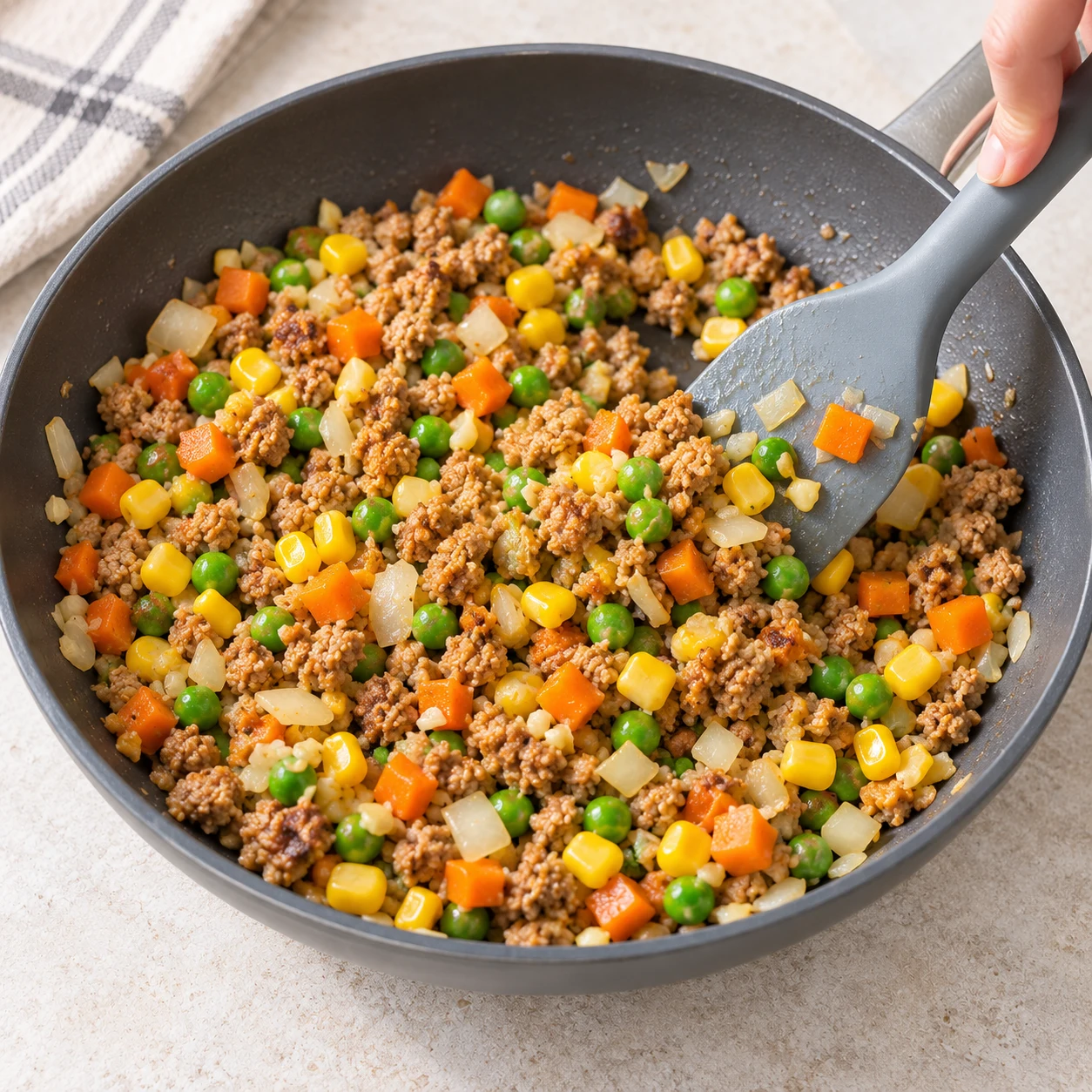 Spatule mêlant miettes végétales brun clair et maïs, petits pois, carotte, oignon et ail ; sans riz.