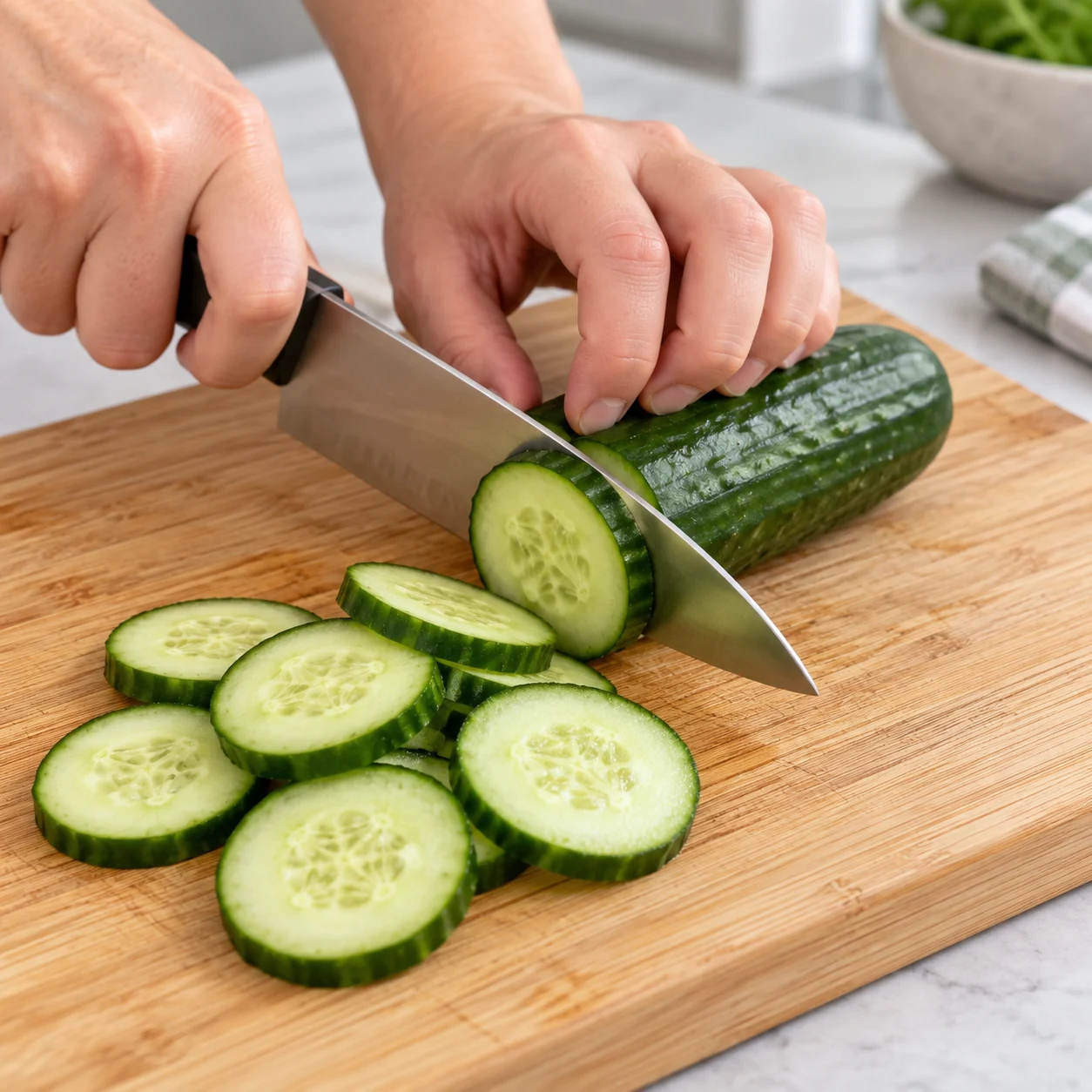 Coupe le concombre en rondelles, comme dans la recette d’origine.