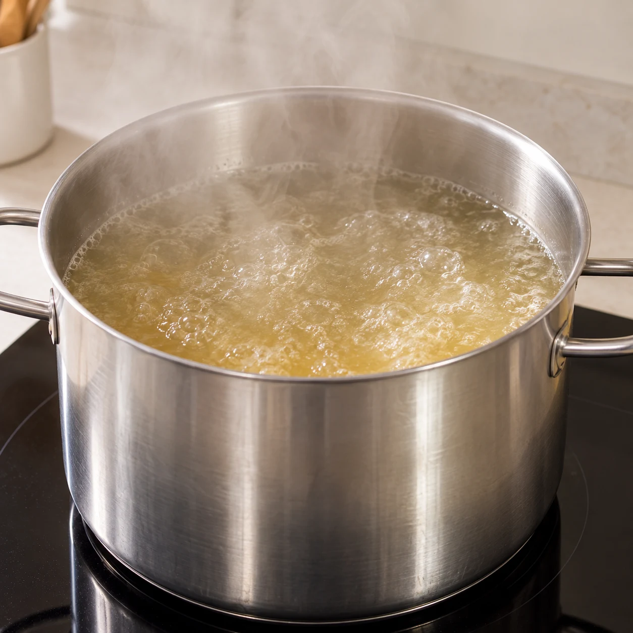 Porte de l’eau à ébullition avec du bouillon de légumes dans une casserole assez grande pour le seitan. Montrer une seule phase, les ingrédients seuls et, si nécessaire, des mains anonymes.