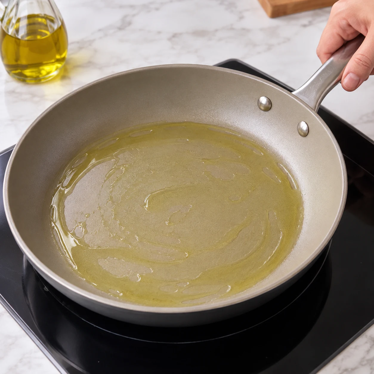 Film fin d’huile d’olive dans une poêle neutre sur la plaque, aucun autre aliment.