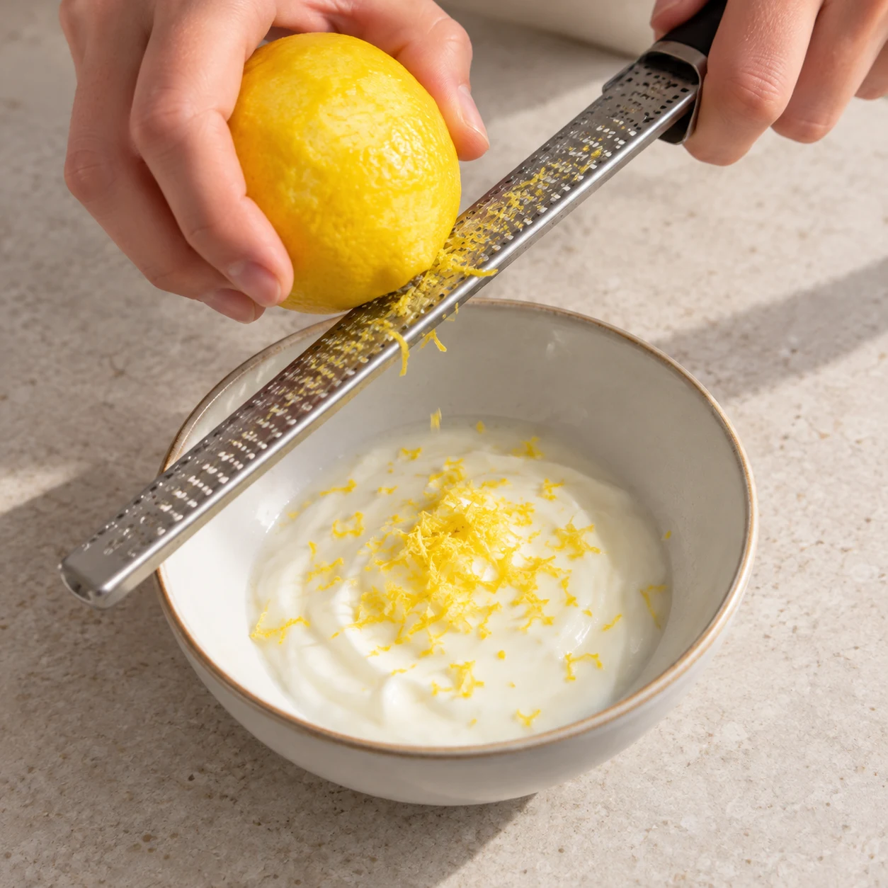 Photographie d’une seule action : Râpe finement le zeste du citron dans un bol contenant les 80 g de yaourt de soja nature. Évite la partie blanche. Résultat attendu : De fins zestes jaunes sont répartis sur le yaourt. Adaptation entièrement végane ; pois chiches entiers, aucun crustacé ni produit laitier.