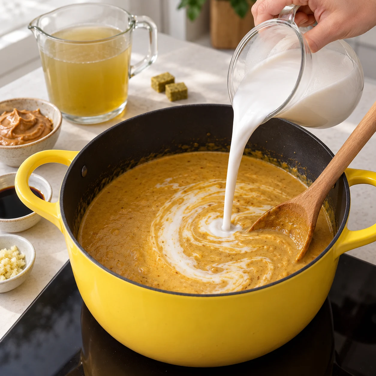 Incorporer le bouillon crémeux. Incorpore les trois cuillères à soupe de purée de cacahuète, les trois cuillères à soupe de sauce soja, les 400 ml de lait de coco et le litre de bouillon végétal. Mélange. Résultat : Le lait de coco et le bouillon sont incorporés à la pâte.. Uniquement : Pâte de curry doux, Purée de cacahuète, Sauce soja, Lait de coco, Bouillon de légumes en cubes, Eau pour le bouillon, Ail frais, Huile de tournesol. Aucun ingrédient futur. Bouillon au curry doux ocre doré, crémeux ; non rouge vif.
