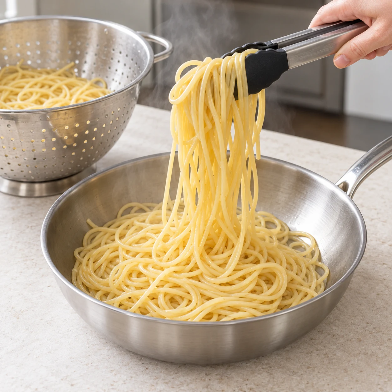 Spaghettis cuits et égouttés soulevés avec une pince au-dessus d’une grande poêle en inox, vapeur légère.