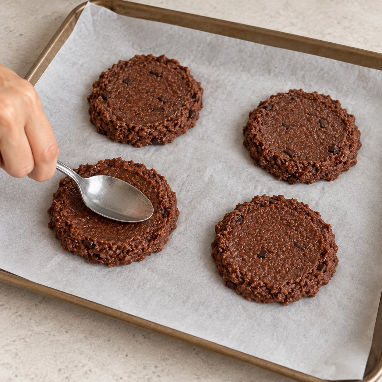 Main adulte anonyme aplatissant à la cuillère quatre cookies bruns sur papier cuisson, sans chocolat de topping ajouté.